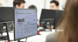 Widok na monitor biurowy pokazujący różne statystyki i wykresy