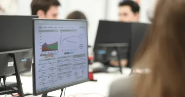 Widok na monitor biurowy pokazujący różne statystyki i wykresy